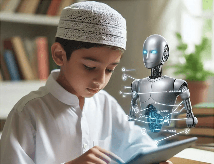 A young student using a tablet with an AI robot assistant